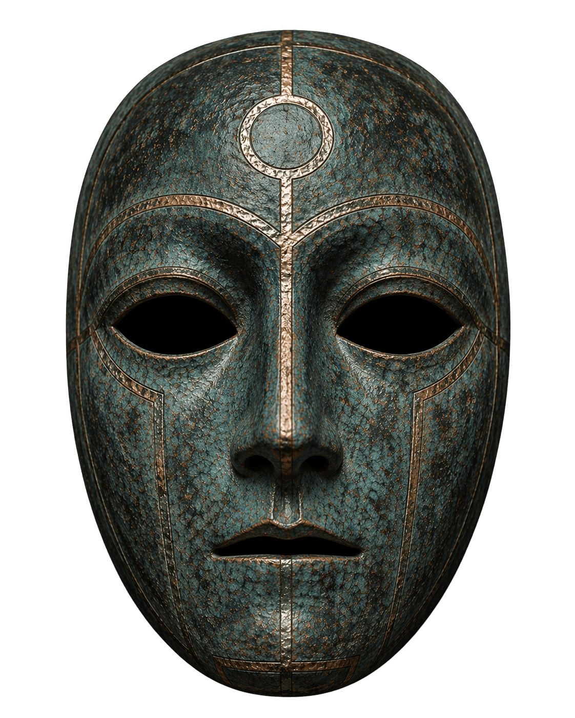 Verdigris green mask with copper geometric inlays on a black background